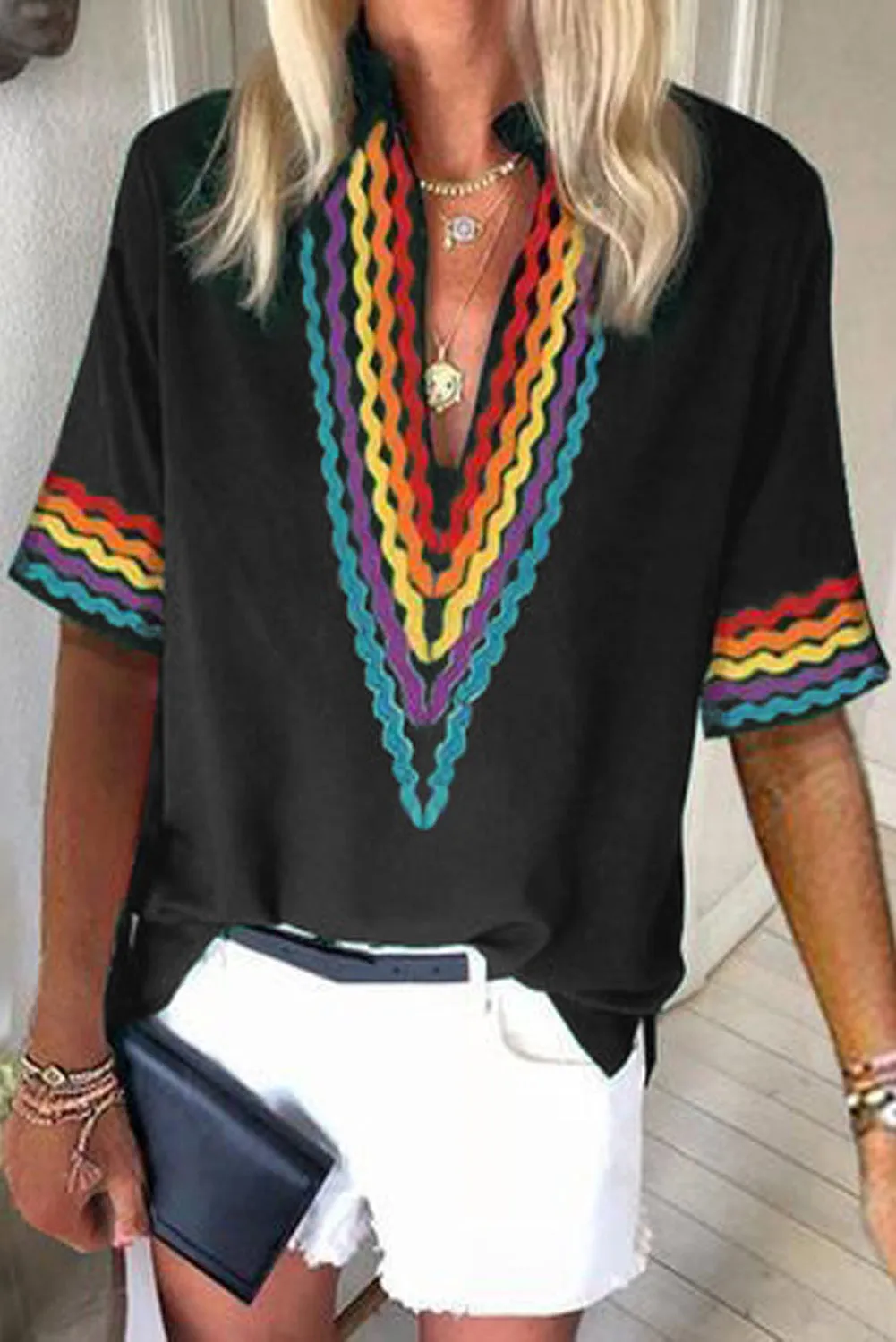 Ethnic Colorblock Short Sleeves Top