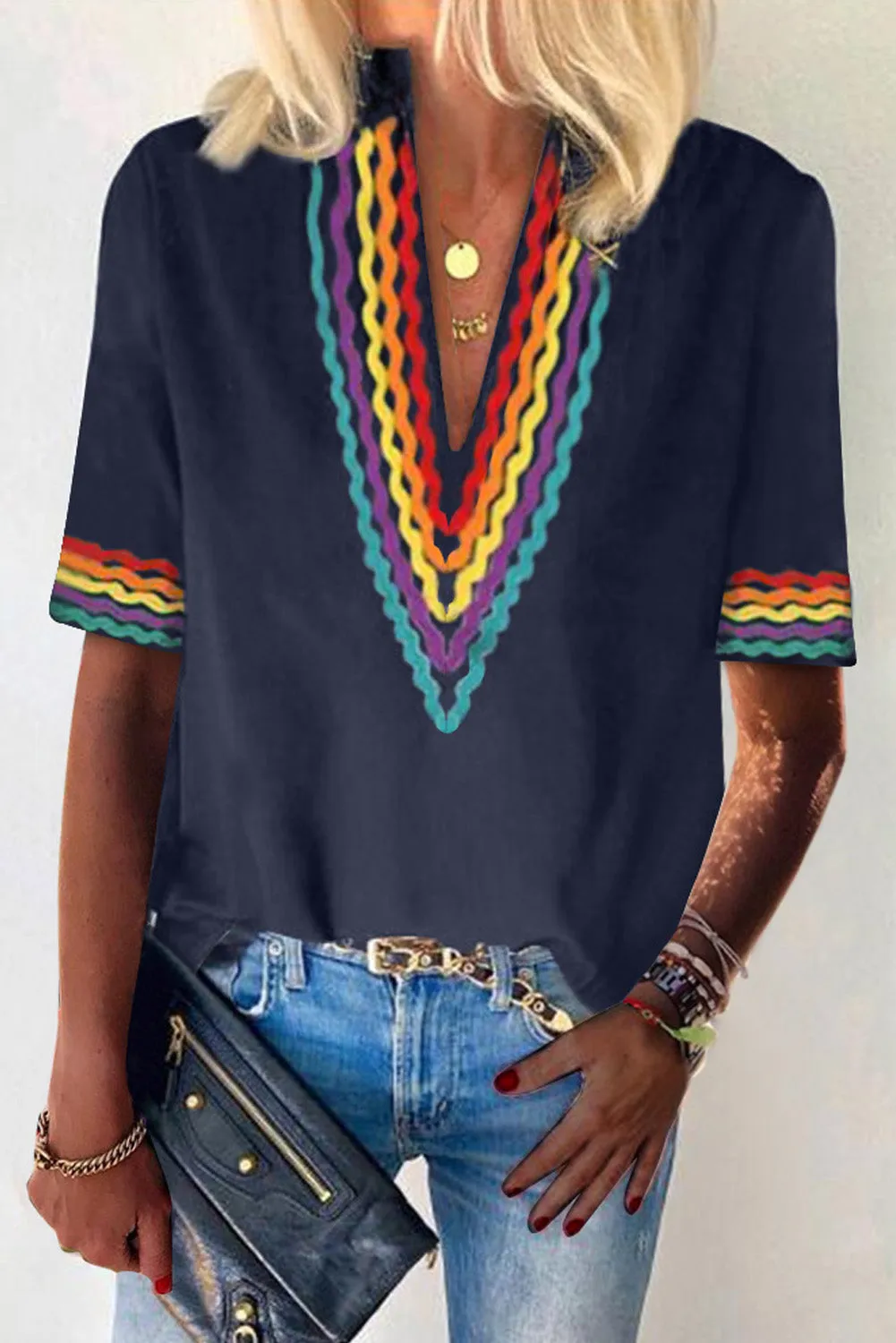 Ethnic Colorblock Short Sleeves Top