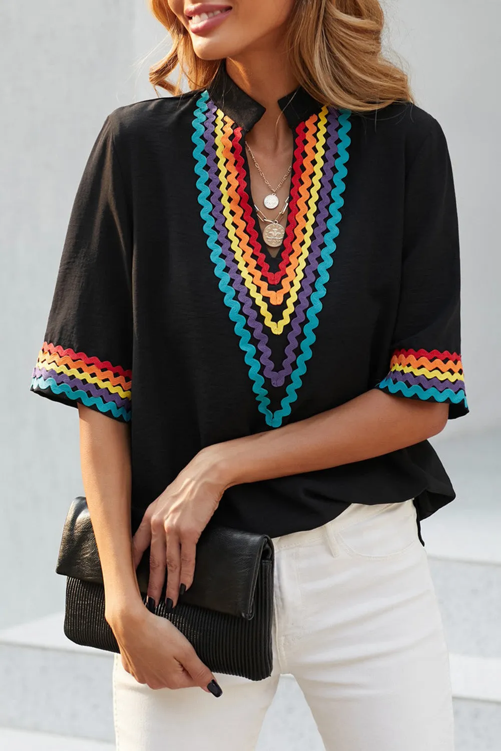 Ethnic Colorblock Short Sleeves Top