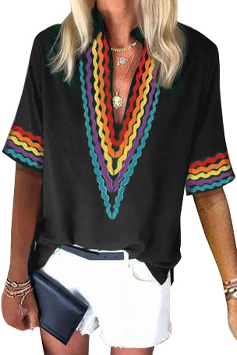 Ethnic Colorblock Short Sleeves Top