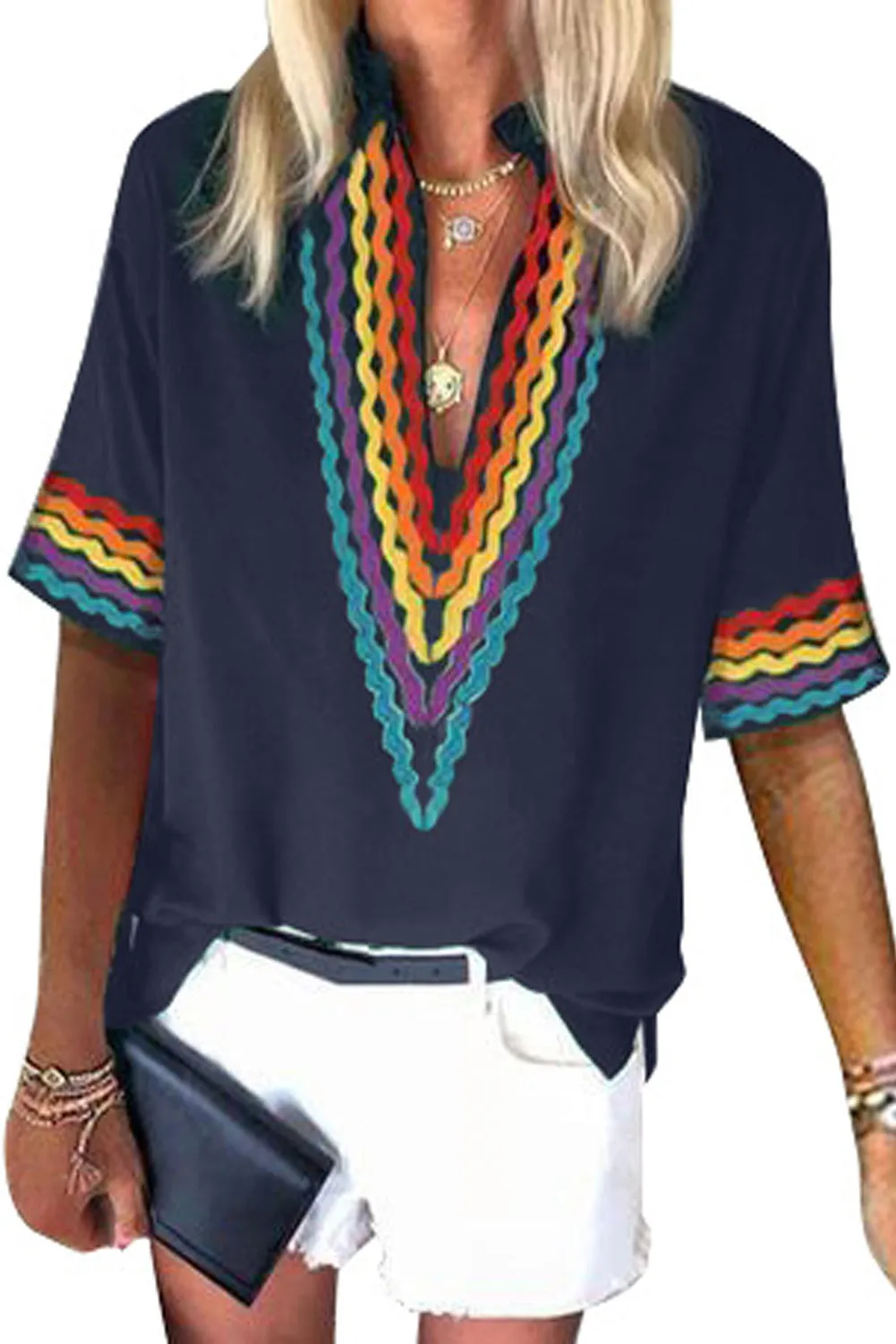 Ethnic Colorblock Short Sleeves Top