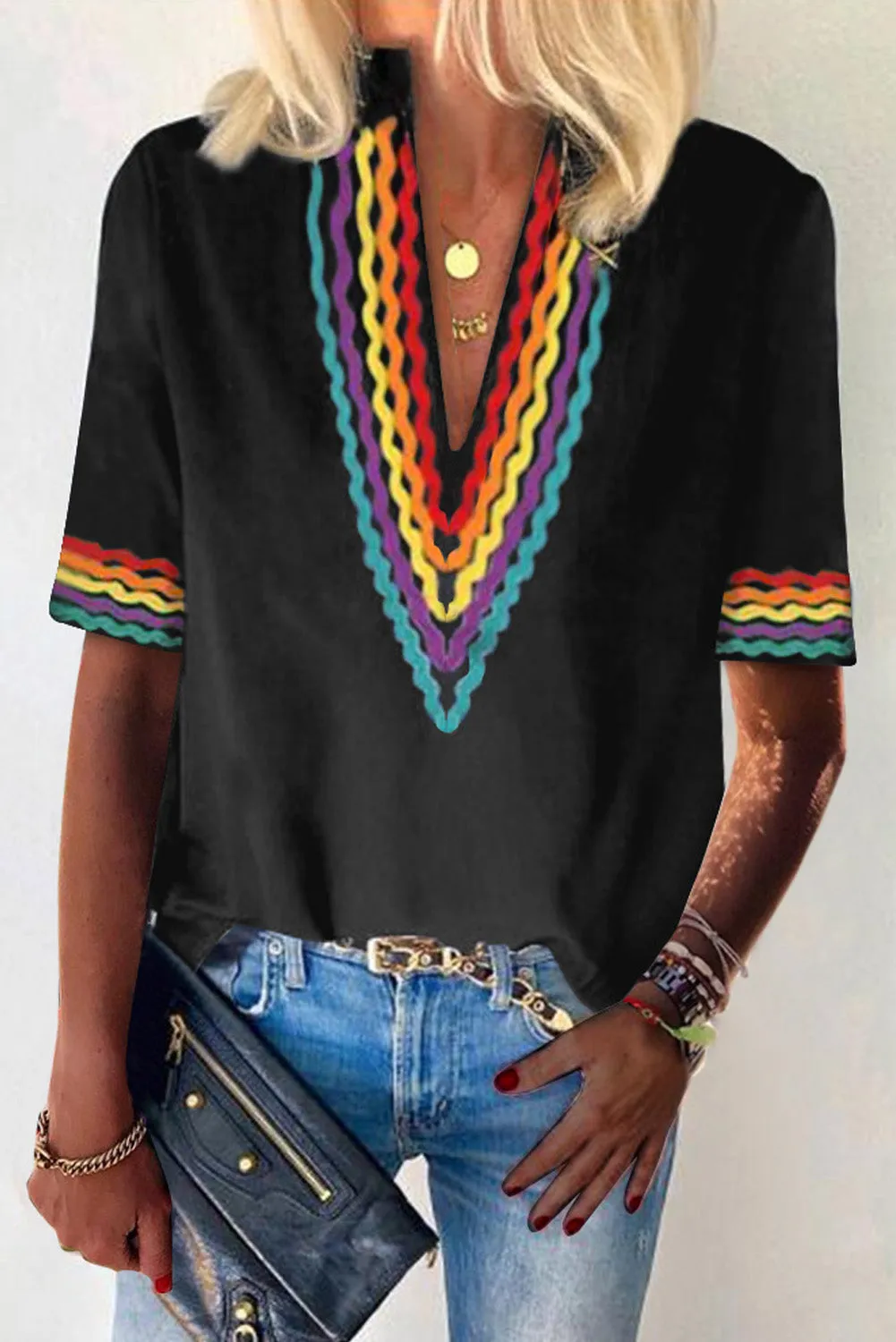 Ethnic Colorblock Short Sleeves Top
