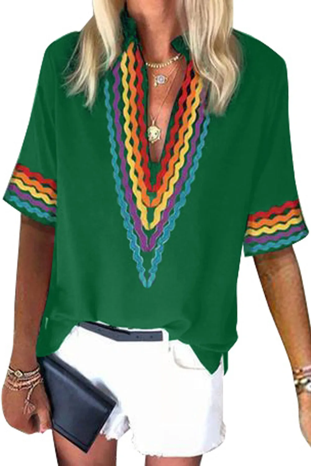Ethnic Colorblock Short Sleeves Top