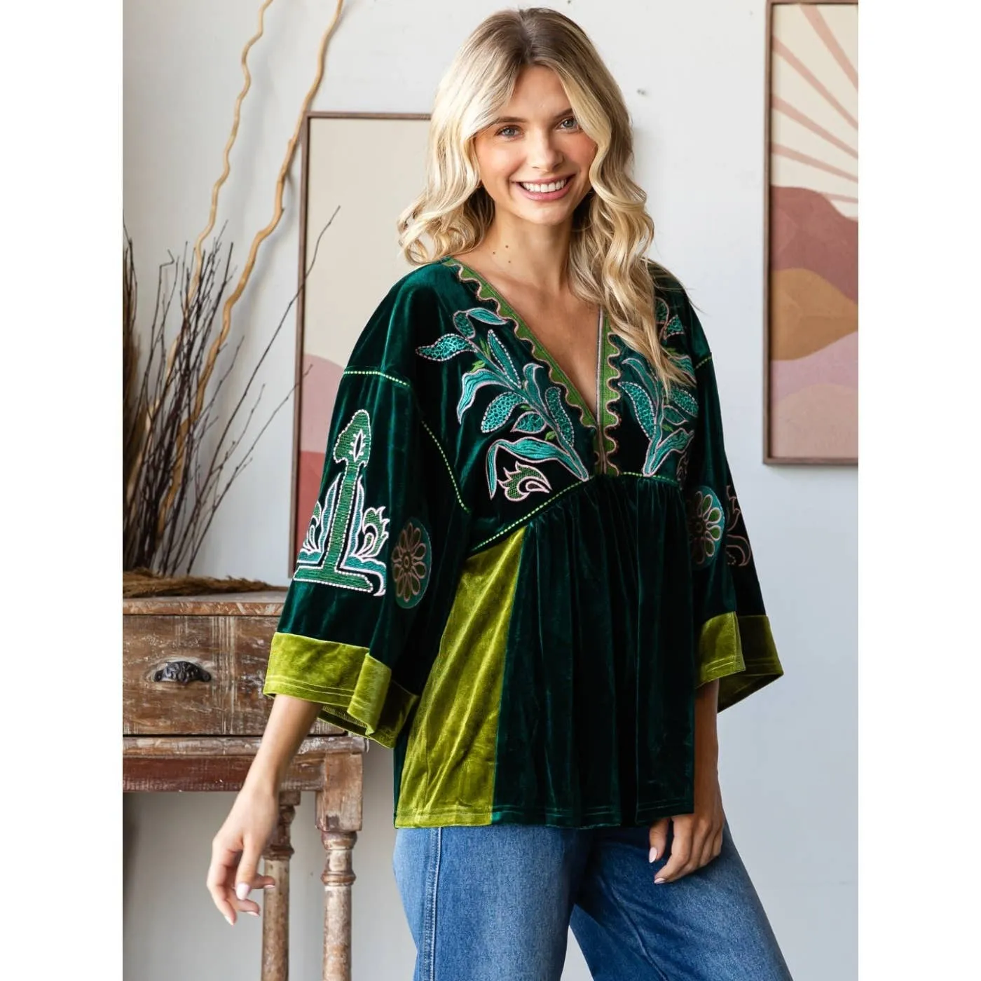 Evergreen Dreams Embroidery Velvet Top