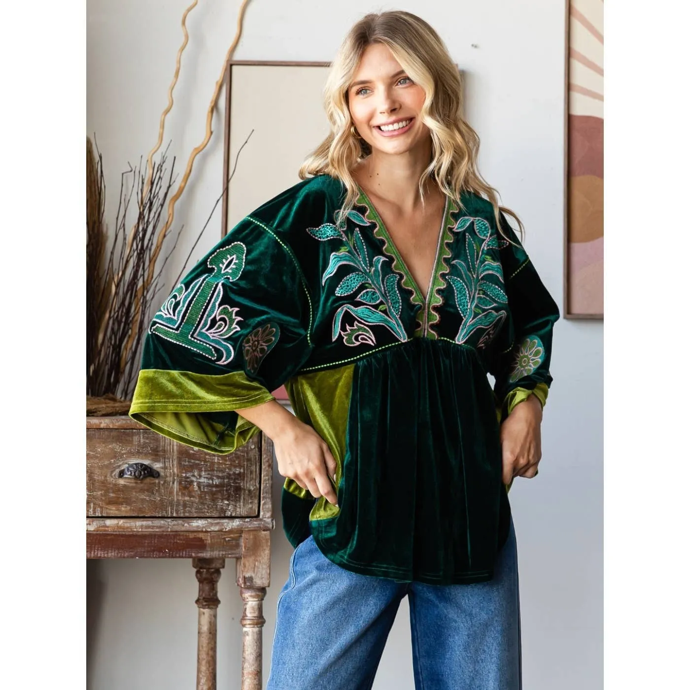 Evergreen Dreams Embroidery Velvet Top