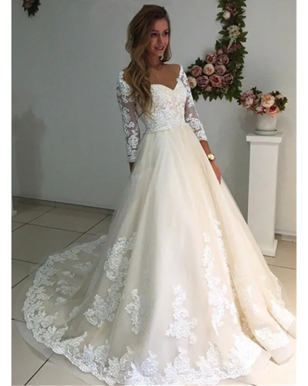 Fashion 2020 Lace Wedding Dresses 3/4 Sleeve Sexy V-Neck Bridal Gowns Appliques