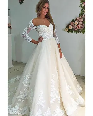 Fashion 2020 Lace Wedding Dresses 3/4 Sleeve Sexy V-Neck Bridal Gowns Appliques