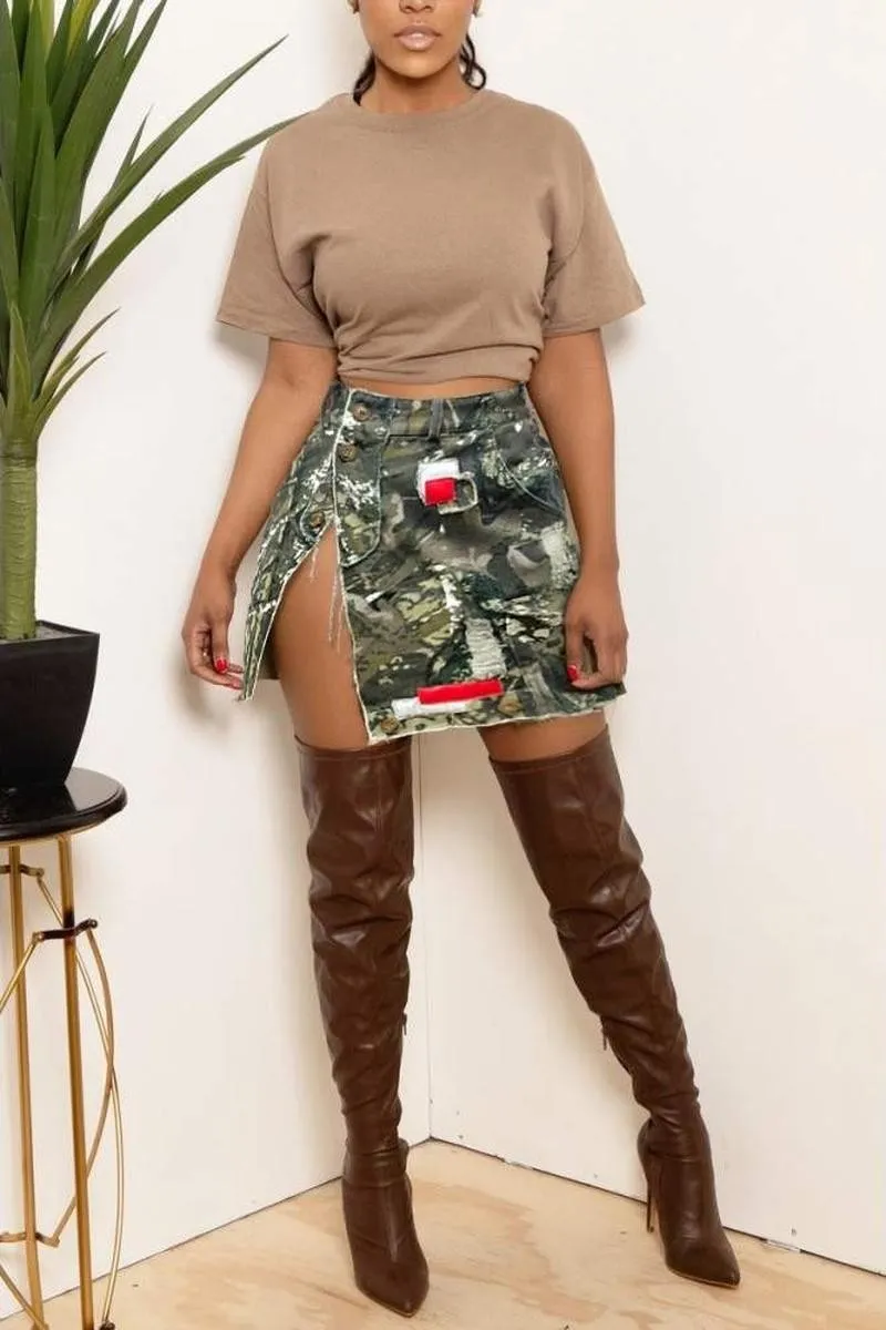 FASHION STREND SPLIT HEM CAMOUFLAGE SHORT SKIRT