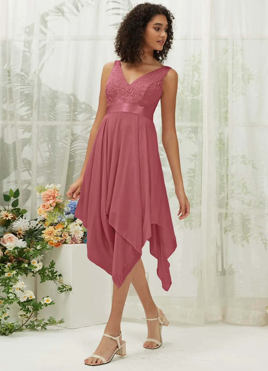 [Final Sale] Canyon Rose Lace V-Neck Sleeveless Midi Length Chiffon Flowy Bridesmaid Dresses