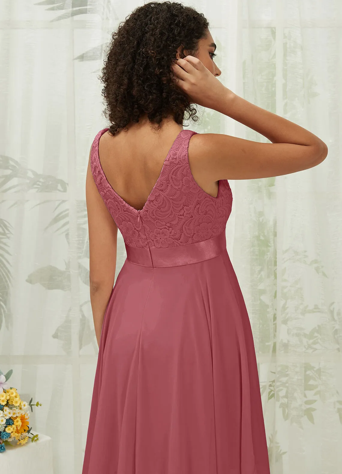 [Final Sale] Canyon Rose Lace V-Neck Sleeveless Midi Length Chiffon Flowy Bridesmaid Dresses