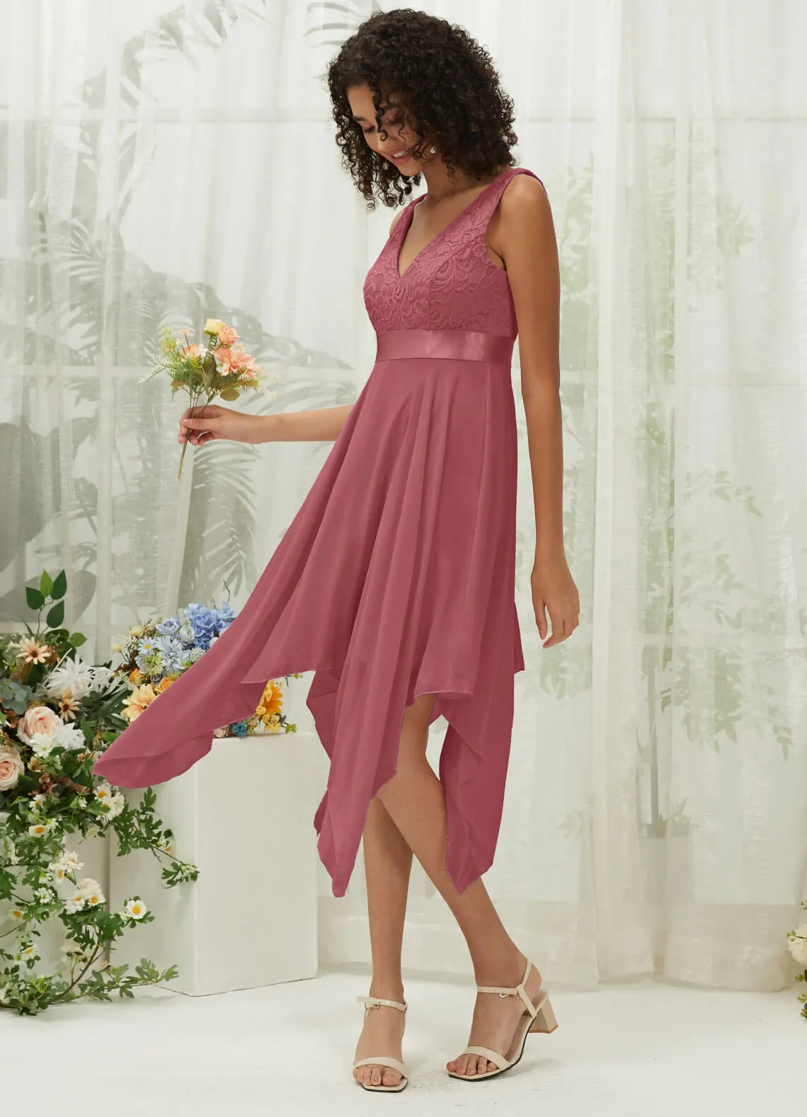 [Final Sale] Canyon Rose Lace V-Neck Sleeveless Midi Length Chiffon Flowy Bridesmaid Dresses