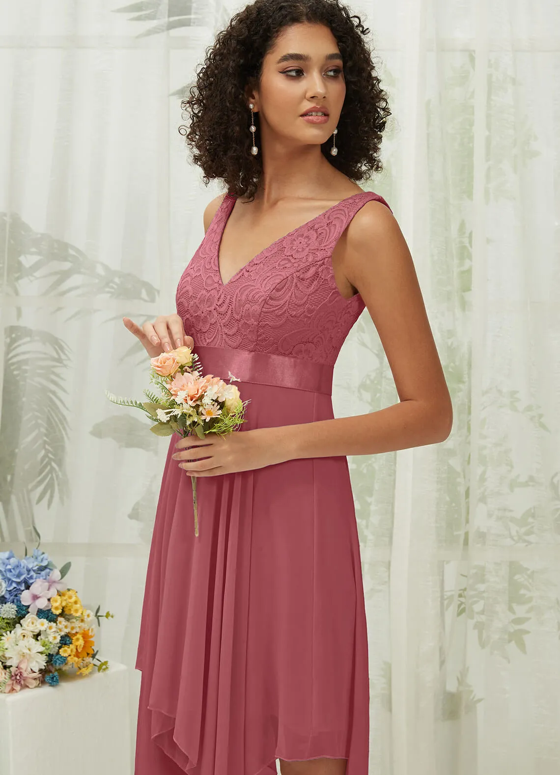 [Final Sale] Canyon Rose Lace V-Neck Sleeveless Midi Length Chiffon Flowy Bridesmaid Dresses