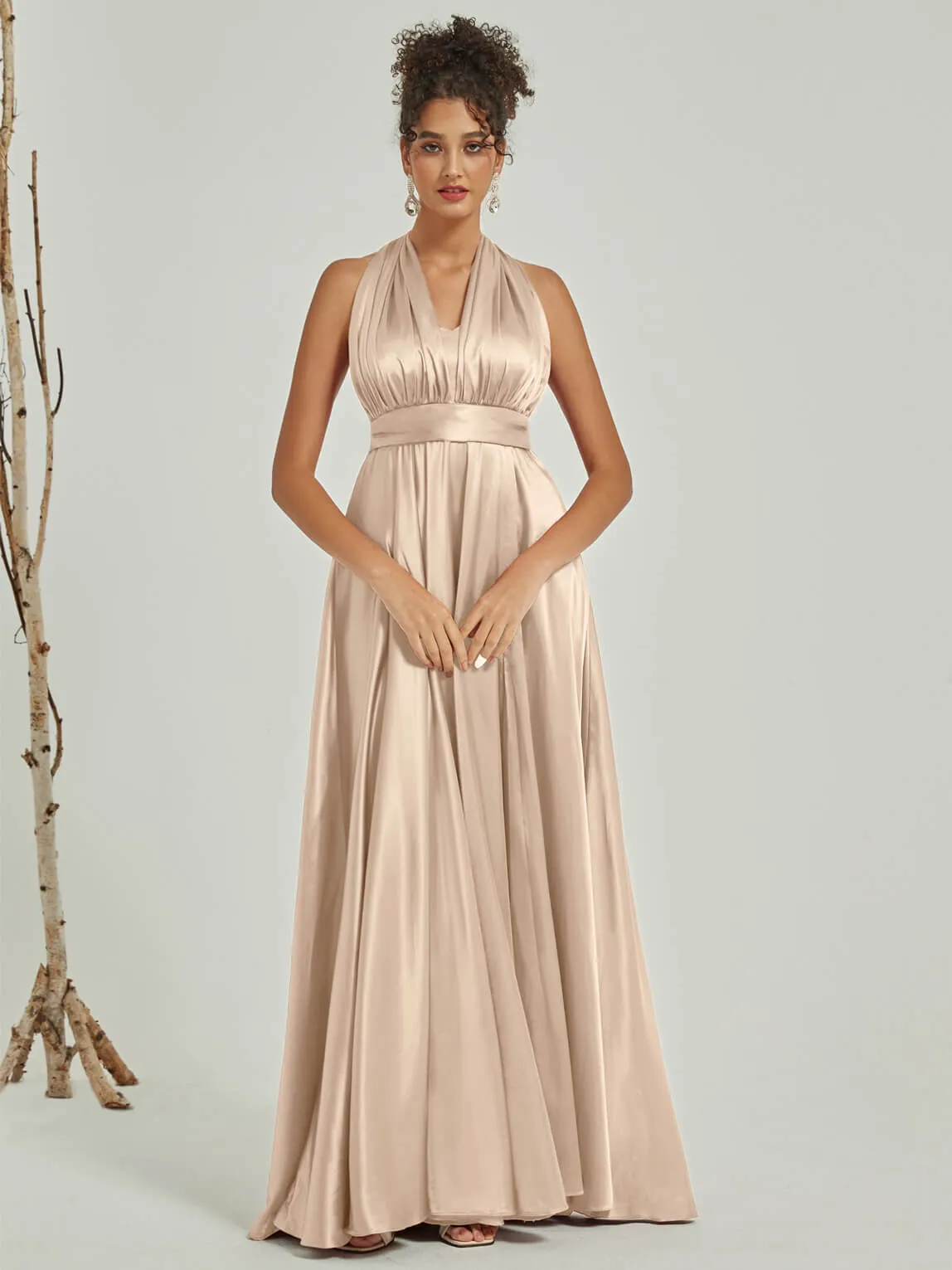 [Final Sale] Champagne Satin Convertible Bridesmaid Dress Multi Ways Wrap A-Line Gowns
