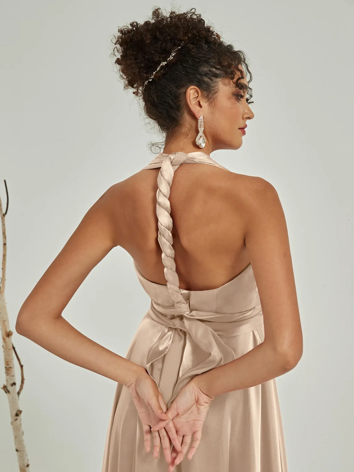 [Final Sale] Champagne Satin Convertible Bridesmaid Dress Multi Ways Wrap A-Line Gowns