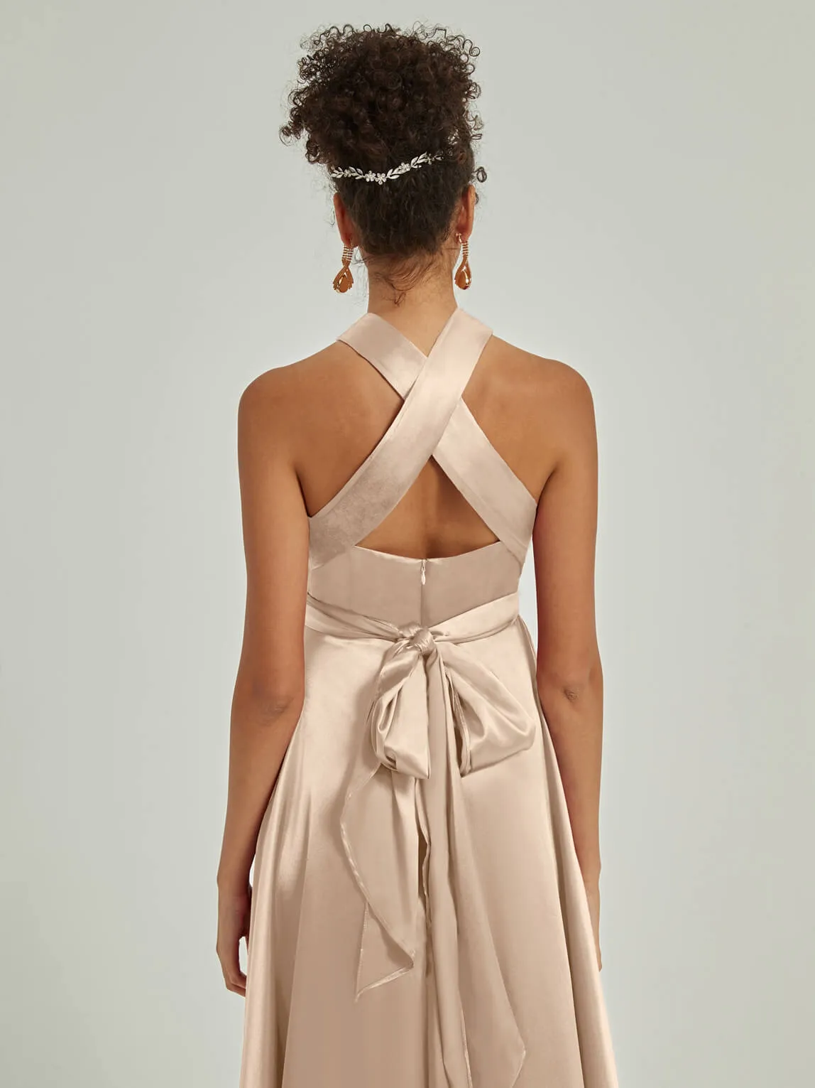 [Final Sale] Champagne Satin Convertible Bridesmaid Dress Multi Ways Wrap A-Line Gowns