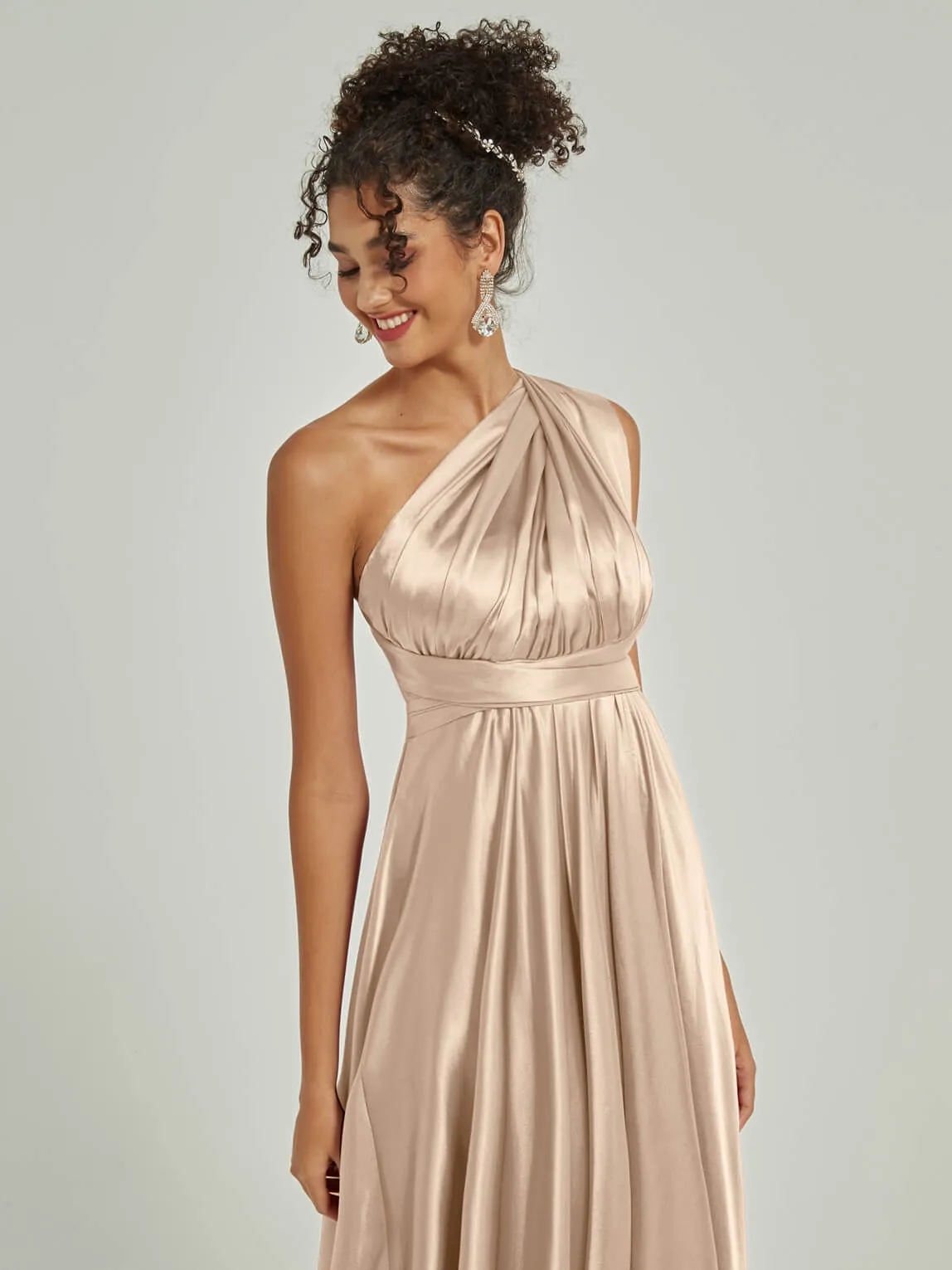 [Final Sale] Champagne Satin Convertible Bridesmaid Dress Multi Ways Wrap A-Line Gowns