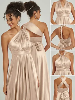 [Final Sale] Champagne Satin Convertible Bridesmaid Dress Multi Ways Wrap A-Line Gowns