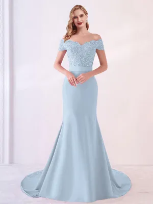 [Final Sale] Cornflower Blue Beaded Lace Mermaid Bridesmaid Dresses Party Gowns