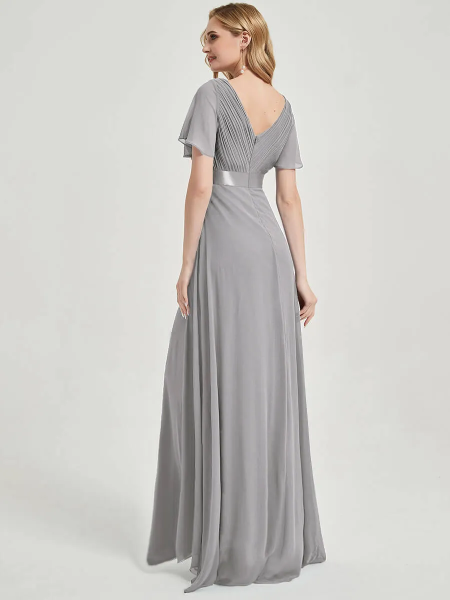 [Final Sale] Dolphin Grey Ruffle Pleated Short Sleeve Floor-Length Bridesmaid Dress