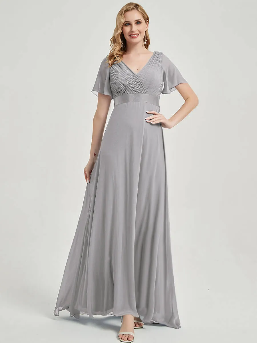 [Final Sale] Dolphin Grey Ruffle Pleated Short Sleeve Floor-Length Bridesmaid Dress