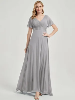 [Final Sale] Dolphin Grey Ruffle Pleated Short Sleeve Floor-Length Bridesmaid Dress