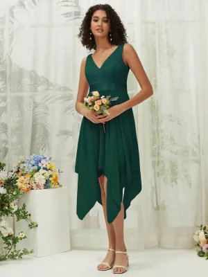 [Final Sale] Emerald Green Lace V-Neck Sleeveless Midi Length Chiffon Flowy Bridesmaid Dresses
