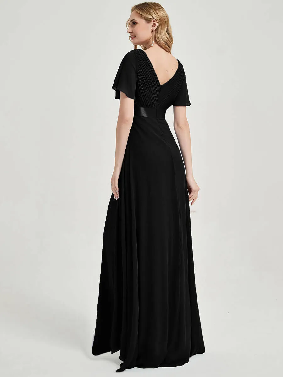 [Final Sale] Short Sleeve A-Line Black Chiffon Bridesmaid Dresses for Wedding Party