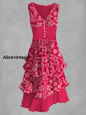Floral Art Print Sleeveless V-Neck Button Up Retro Midi Dress