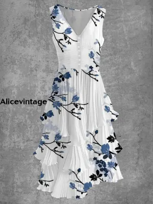 Floral Art Print Sleeveless V-Neck Button Up Retro Midi Dress