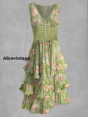 Floral Art Print Sleeveless V-Neck Button Up Retro Midi Dress