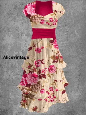 Floral Art Print V-Neck Vintage Chic Short Sleeve Midi Dress