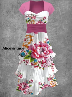 Floral Art Print V-Neck Vintage Chic Short Sleeve Midi Dress