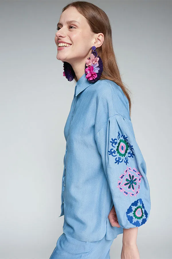 FLORAL EMBROIDERY PUFFED SLEEVE LYOCELL SHIRT