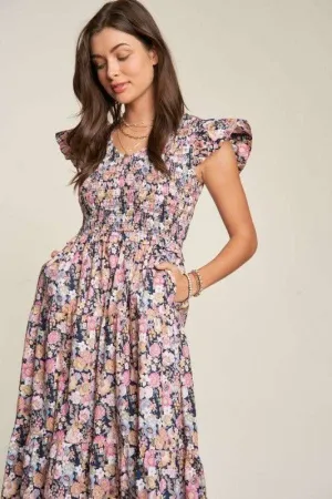 Floral Power Vintage Garden Smocking Midi Dress (2 Colors)