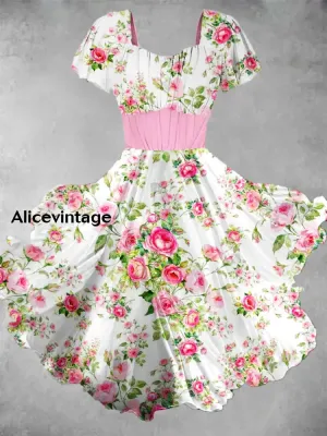Floral Print Short Sleeve Vintage Midi Dress