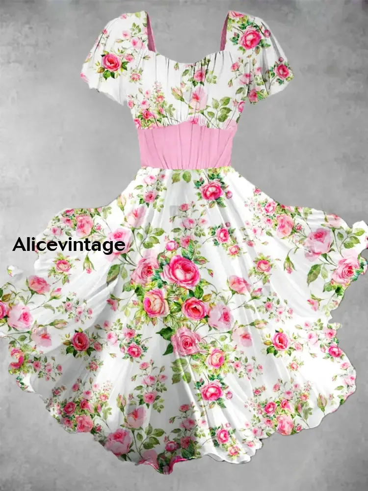 Floral Print Short Sleeve Vintage Midi Dress