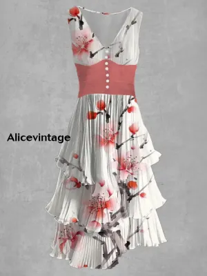 Floral Print V Neck Retro Chic Midi Dress