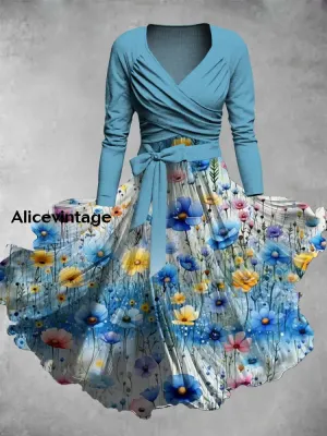 Floral Print Vintage Elegant V-Neck Long Sleeve Two-Piece Midi Dress