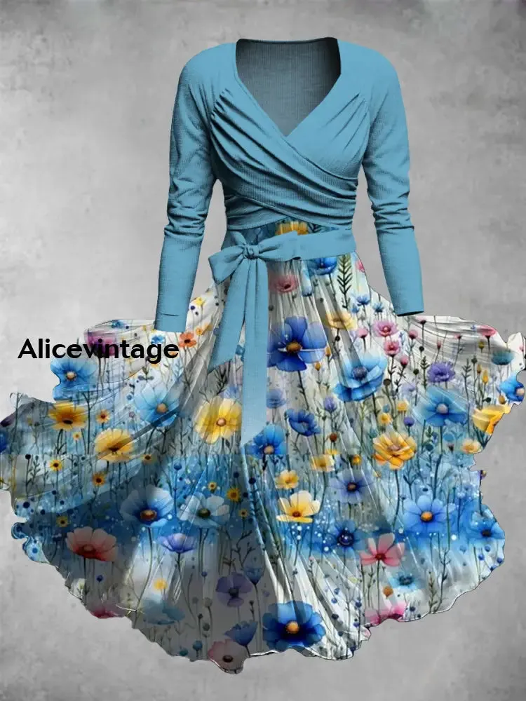 Floral Print Vintage Elegant V-Neck Long Sleeve Two-Piece Midi Dress