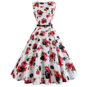 Floral Print Women Summer Dress Hepburn 50s 60s Retro Swing Vintage Dress A-Line Party Dresses With Belt jurken Plus Size