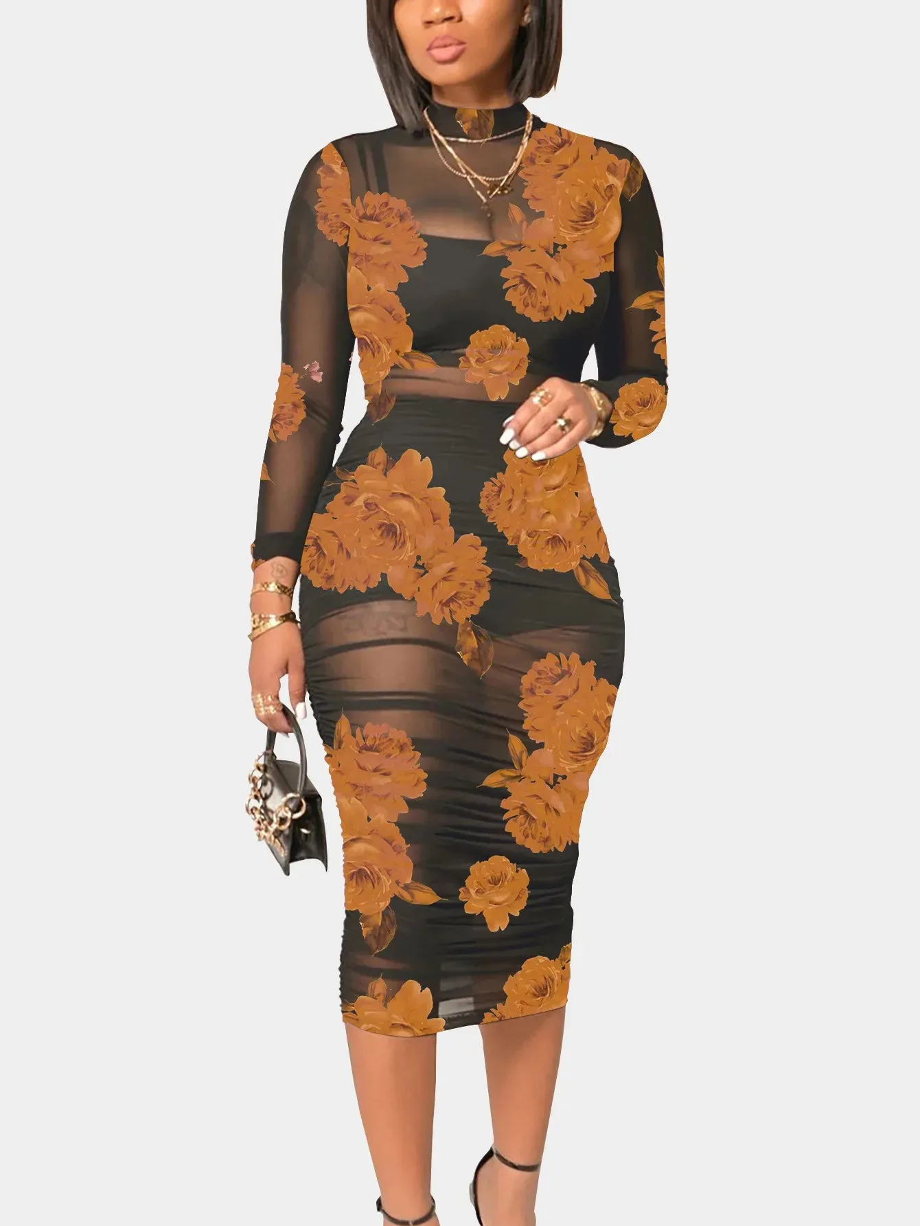 Floral Printed Mesh Mid-Length Dress