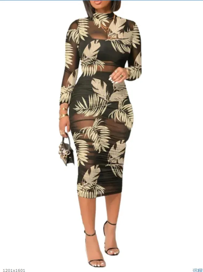 Floral Printed Mesh Mid-Length Dress