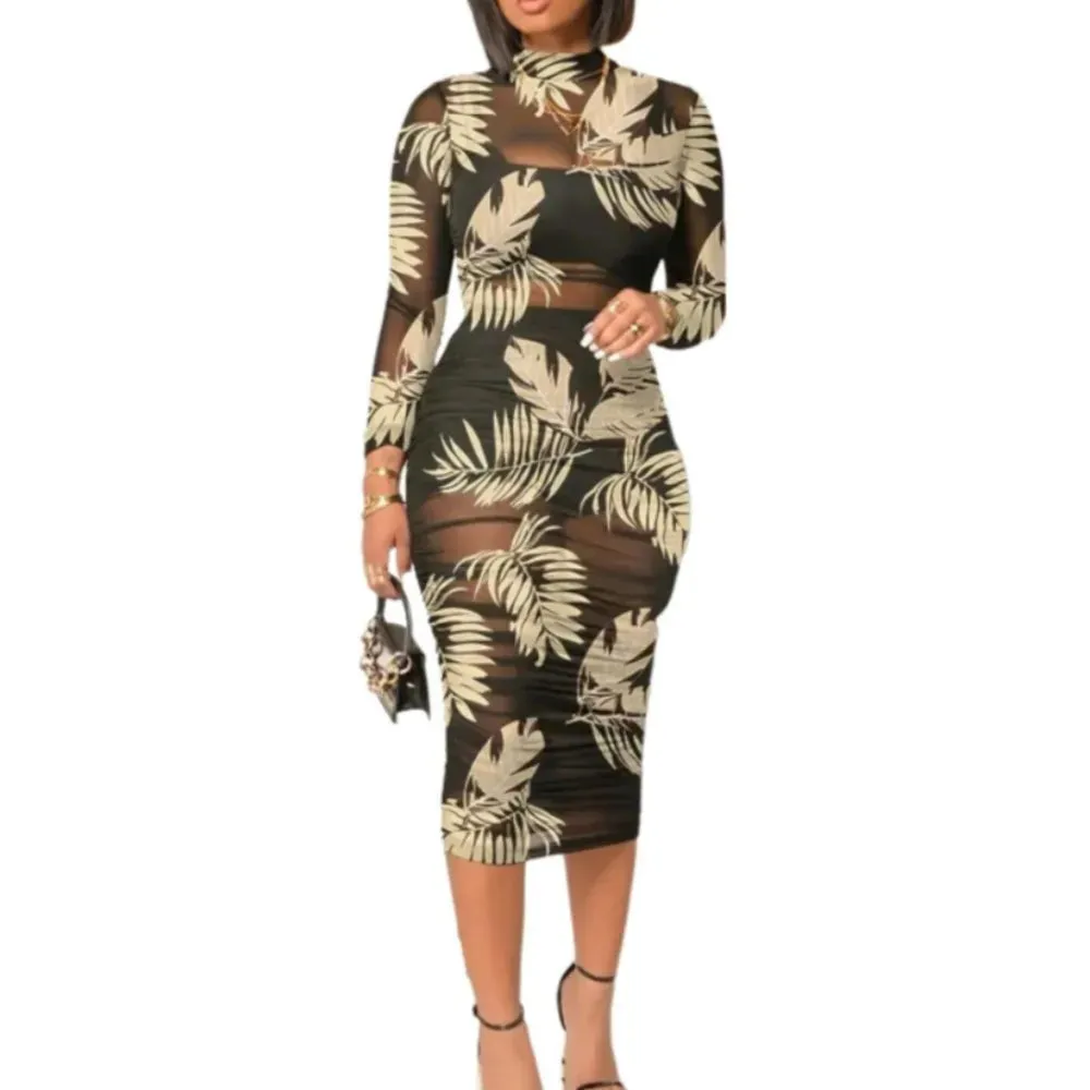 Floral Printed Mesh Mid-Length Dress