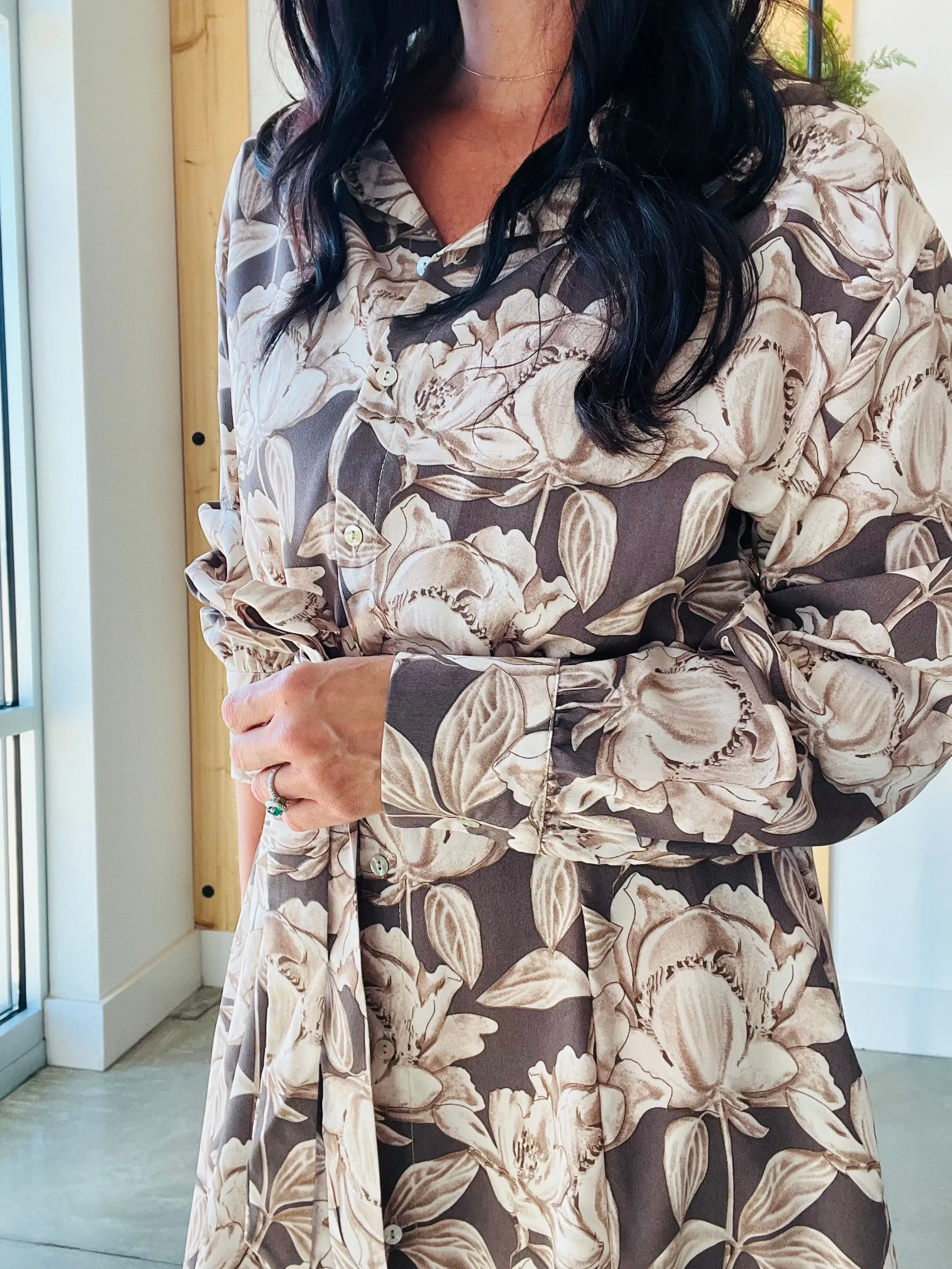 Floral Shirt Dress in Mocha