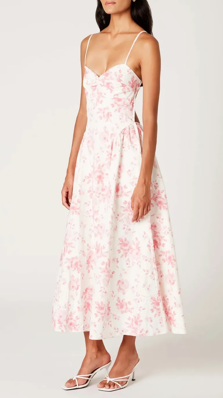 Floral Sweetheart Neckline Midi Dress