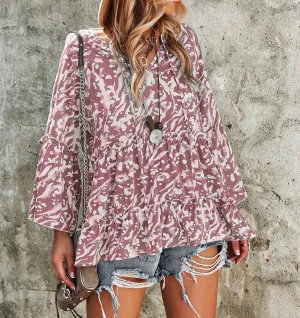Floral V-Neck Bell Sleeve Blouse