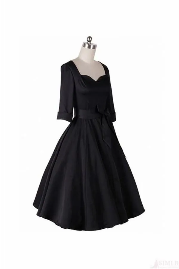 Formal Black Simple Vintage Dresses With Belt V14