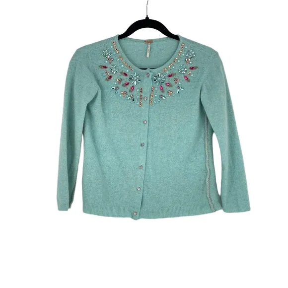 Free People Womens Twee 3/4 Sleeve Delicate Wool Bead Embroidered Cardigan XS