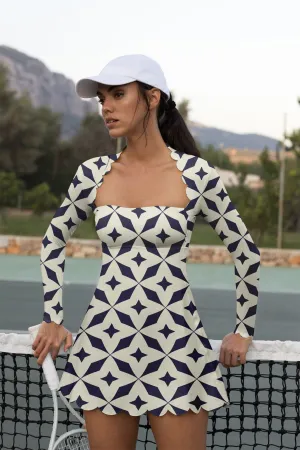 Geometric Bloom Tennis Dress – Long Sleeve Edition
