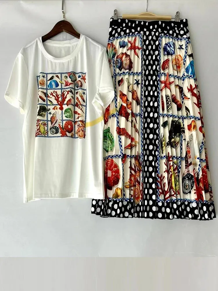 Geometrically printed T-shirt  big swing skirt two-piece